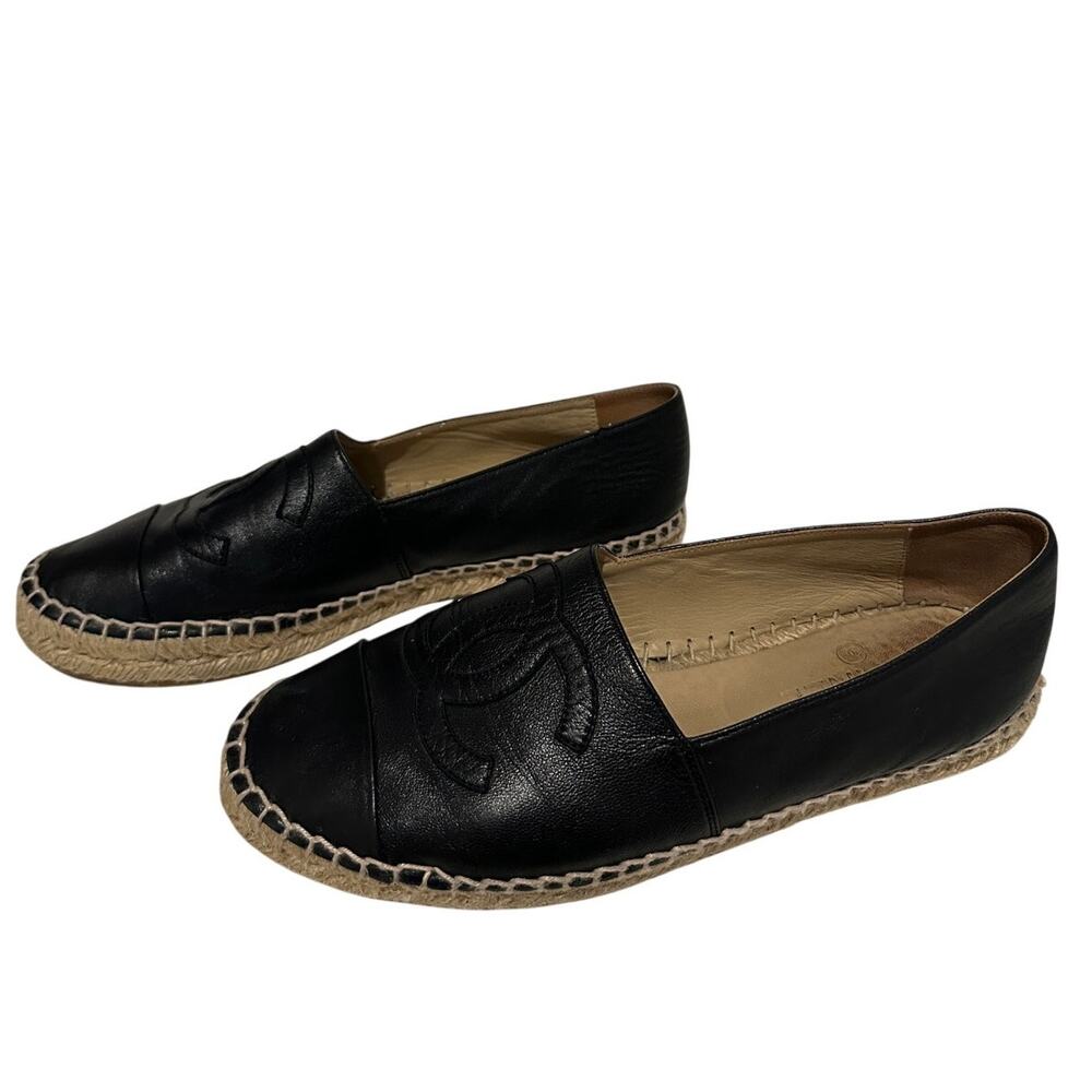 100% Authentic Chanel Size 39 / 8 CC Logo Black Lambskin Summer Espadrille Flats - Picture 3 of 11